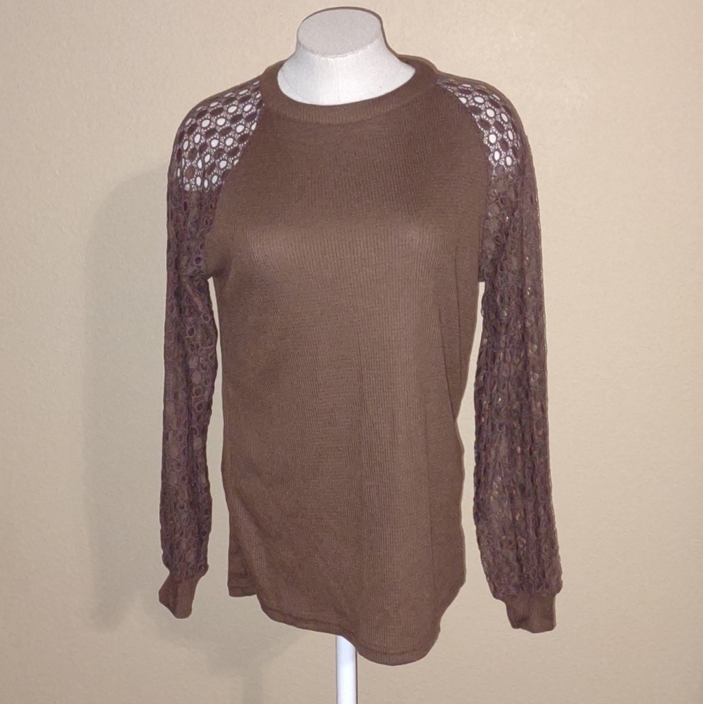 NWT Miholl Thermal Long Lace Sleeve Brown Top Size Small